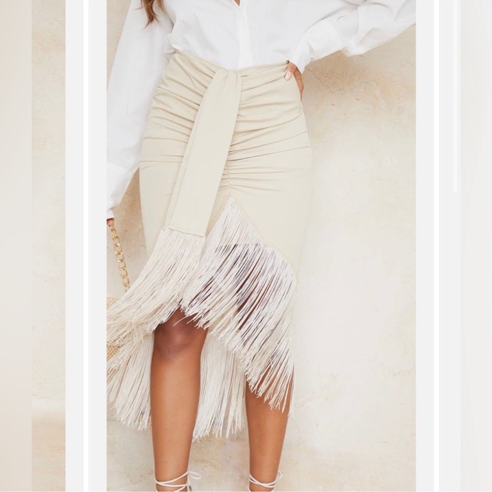 PrettyLittleThing Tan Fringe Skirt
